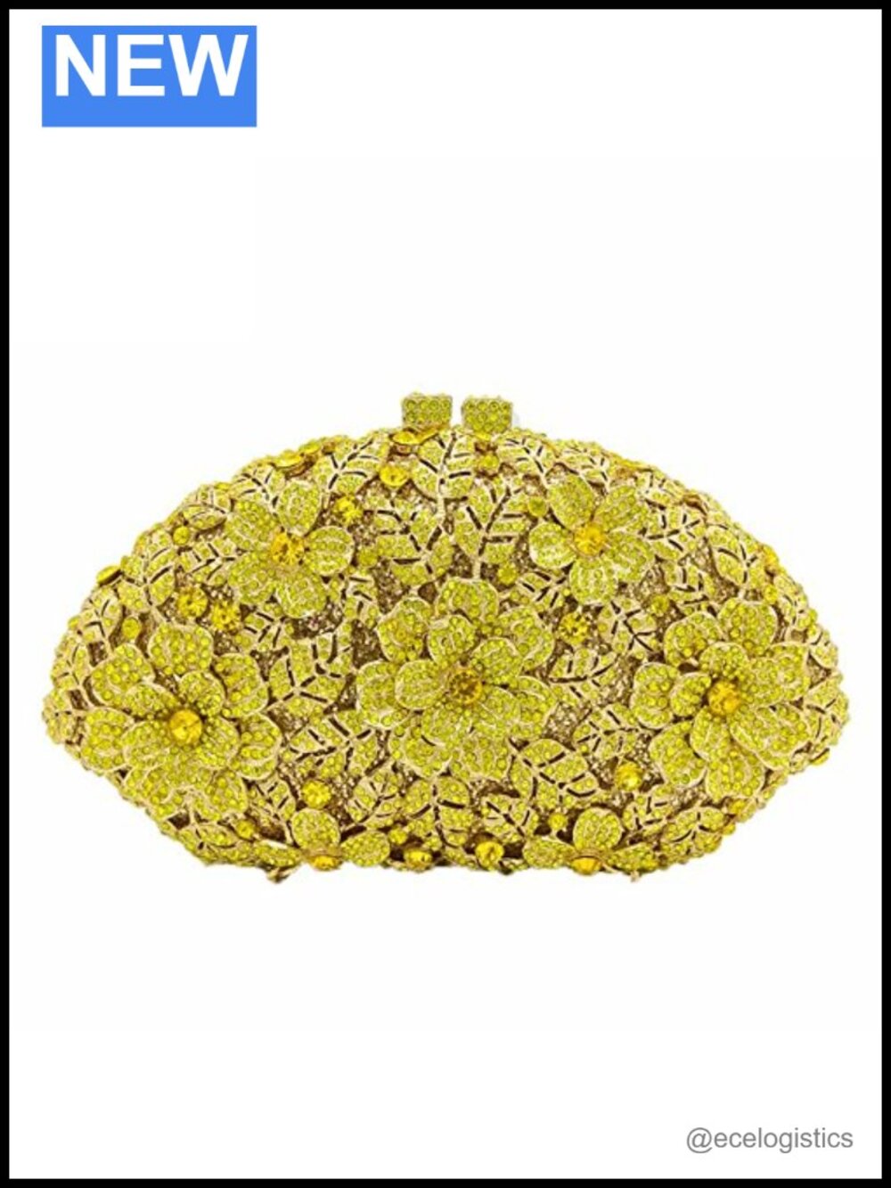 Crystal Rhinestone Evening Clutch Purse with Metal Frame, Detachable Chain
